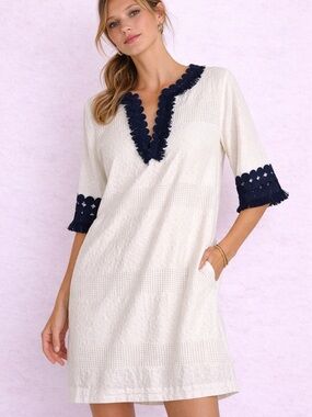 Belle by Badgley Mischka White Textured Dress | Navy Trim | Coastal Chic Resort